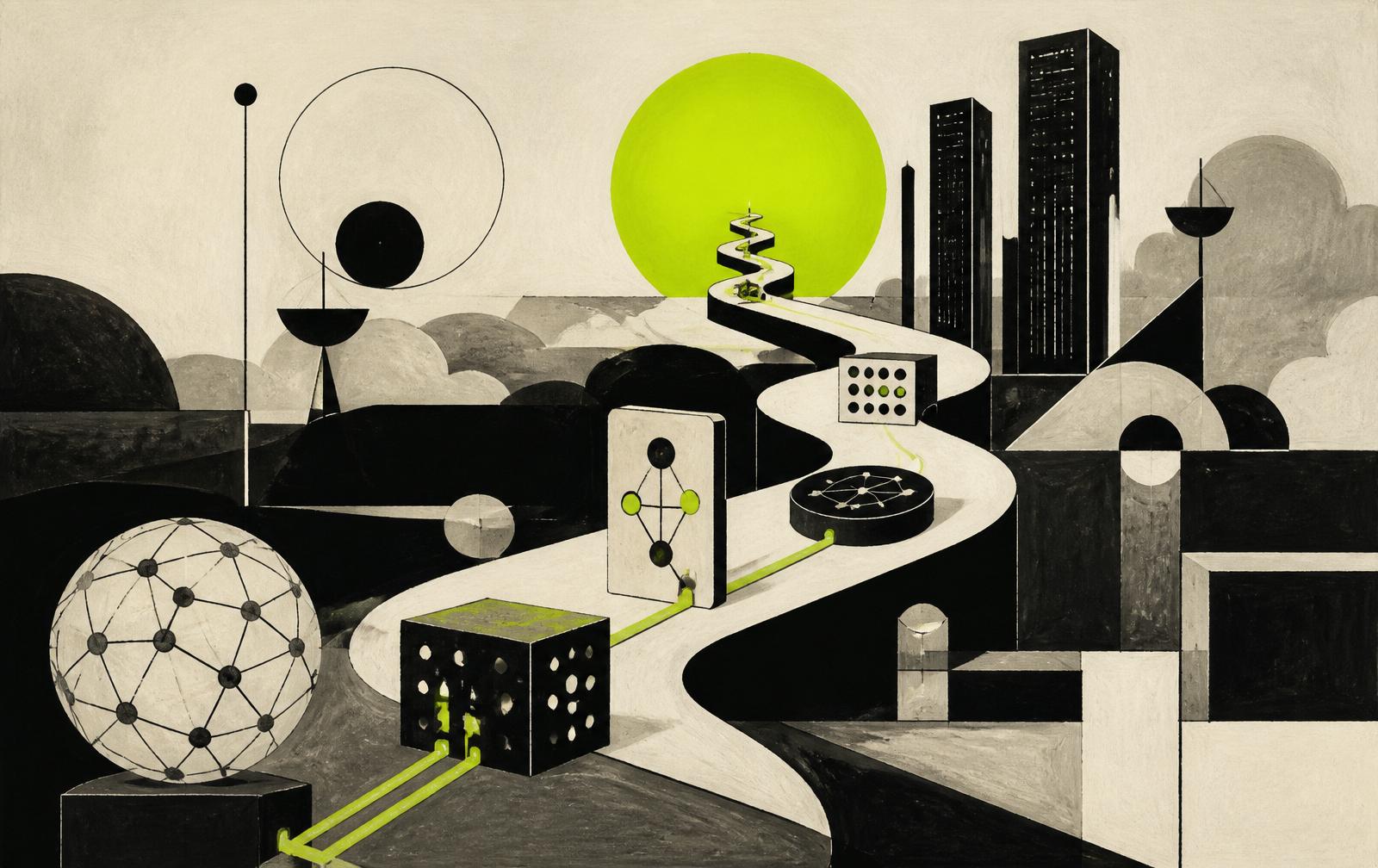 Illustration: figure walking a winding path toward a lime sun